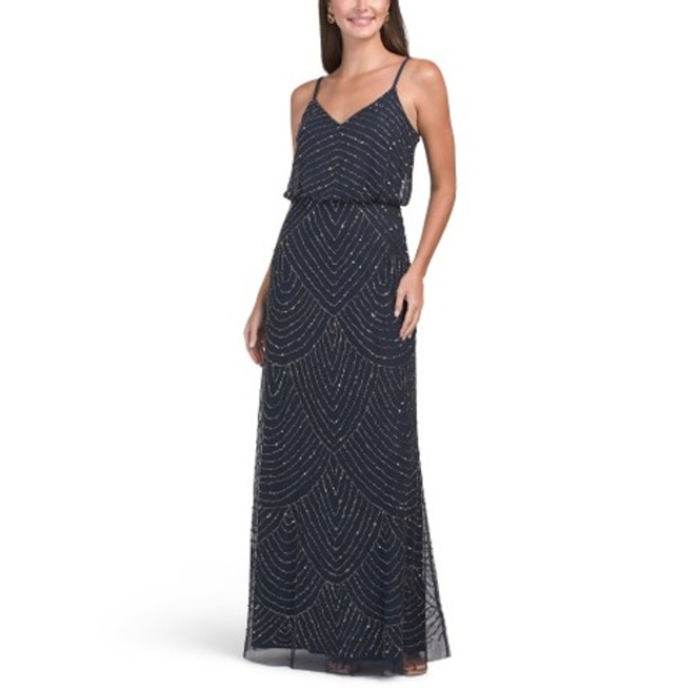 Adrianna Papell Charcoal Gray Beaded Art Deco Blouson Gown 2 Prom Wedding Guest
